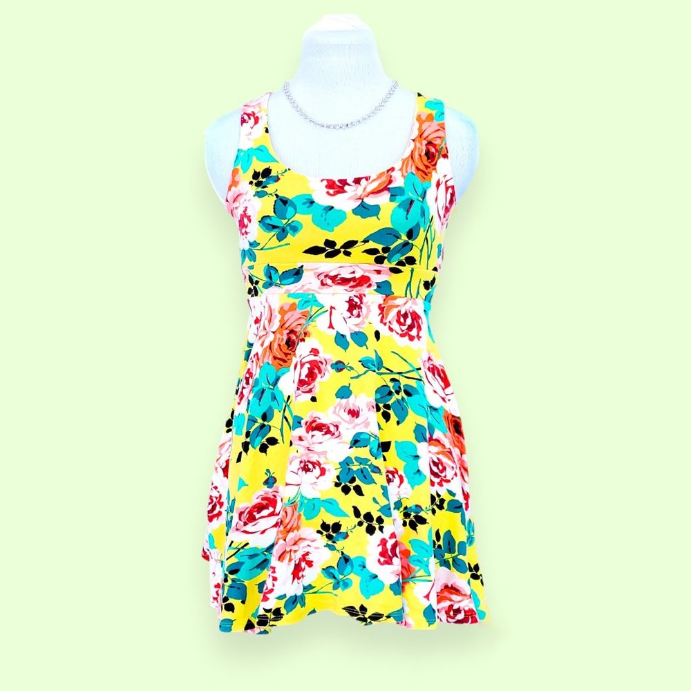 Yellow Floral Skater Dress with Back Cut-outs S